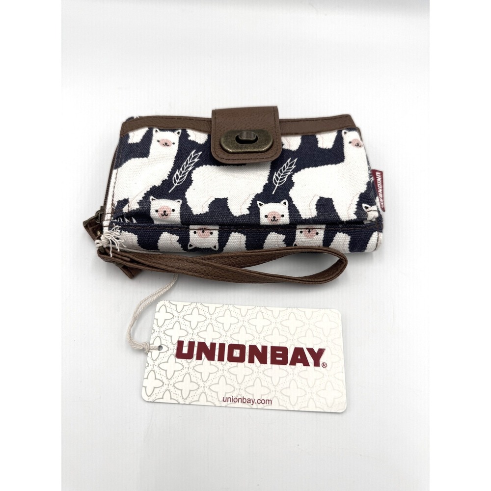 New! Unionbay Wristlet Wallet Llama Alpaca Canvas Navy Blue Brown Turn Lock